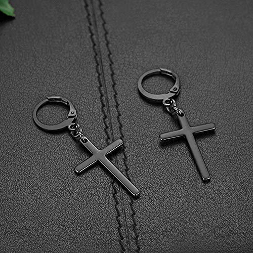 Flongo Pendientes de cruz largo pendientes de aros pequeños, Pendientes de acero inoxidable dorado plateado negro, Pendientes de mujer hombre estilo hip hop unisex, 1 par, Regalo para San Valentín
