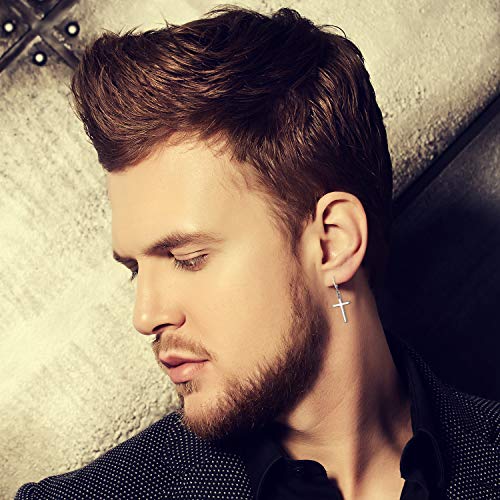 Flongo Pendientes de cruz largo pendientes de aros pequeños, Pendientes de acero inoxidable dorado plateado negro, Pendientes de mujer hombre estilo hip hop unisex, 1 par, Regalo para San Valentín