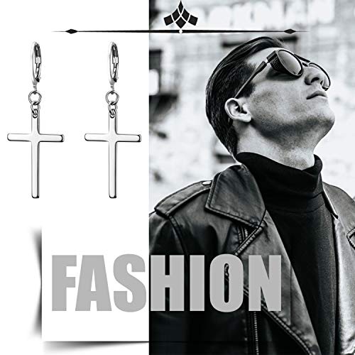 Flongo Pendientes de cruz largo pendientes de aros pequeños, Pendientes de acero inoxidable dorado plateado negro, Pendientes de mujer hombre estilo hip hop unisex, Regalo Navidad Originales (3 pares)