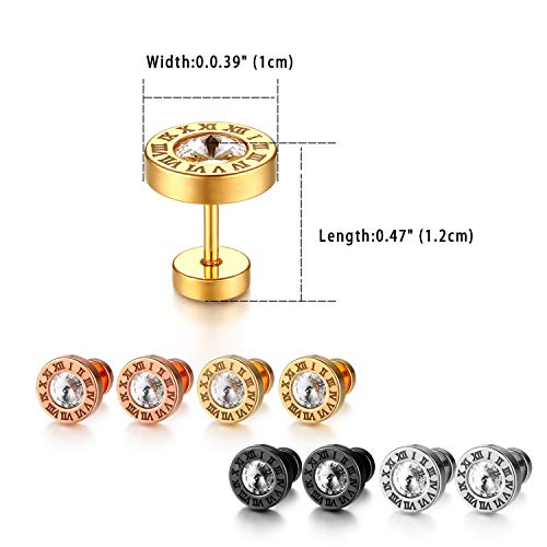 Flongo Pendientes de Hombre Mujer Aretes de Tapones de Circonita, Hip Hop Pendientes de Acero Inoxidable Diseño con Numeros Romanos Grabados, 4 Pares