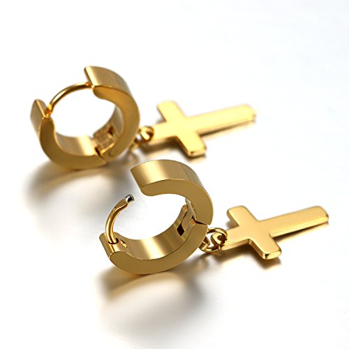 Flongo Pendientes de Mujer Hombre, Pendientes en Forma de Cruz de Estilo de Moda de Acero Inoxidable, Color Dorado, Regalo Navidad San Valentín