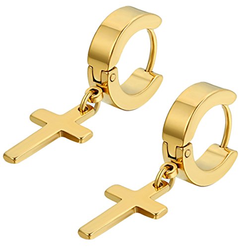 Flongo Pendientes de Mujer Hombre, Pendientes en Forma de Cruz de Estilo de Moda de Acero Inoxidable, Color Dorado, Regalo Navidad San Valentín
