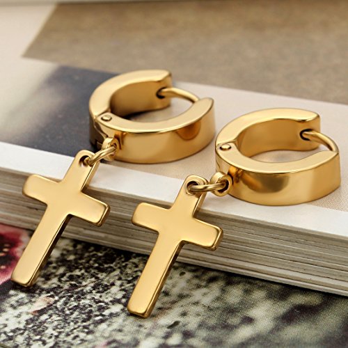 Flongo Pendientes de Mujer Hombre, Pendientes en Forma de Cruz de Estilo de Moda de Acero Inoxidable, Color Dorado, Regalo Navidad San Valentín