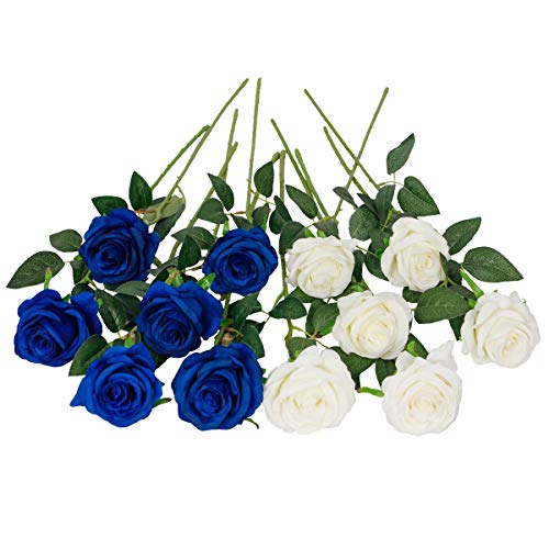 Floralsecret 12 Piezas Rosas Artificiales Flores de Seda Imidacial Ramo Decoración de Boda Casa(Blanca, Azul)