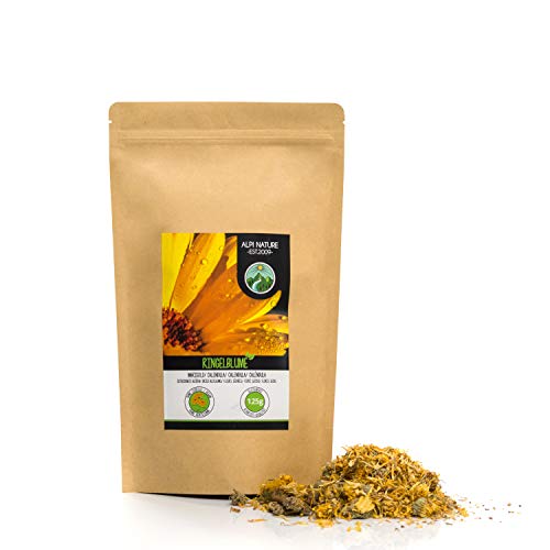 Flores de caléndula (125g), té de caléndula, flores enteras, caléndula de naranja, suavemente seca, 100% pura y natural para la preparación de té, té de hierbas, flores comestibles