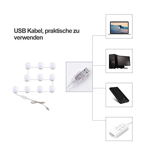 Flybiz Luces de Espejo con Usb Cable, Tocador LED Kit de Espejo con 10 Bombillas regulables, 3 Modos Ajustable de Color y 10 De Brillo de Luz, Para Diy Maquillaje Espejos Vestidor Baño Luz