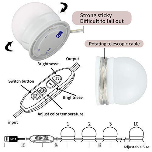 Flybiz Luces de Espejo con Usb Cable, Tocador LED Kit de Espejo con 10 Bombillas regulables, 3 Modos Ajustable de Color y 10 De Brillo de Luz, Para Diy Maquillaje Espejos Vestidor Baño Luz