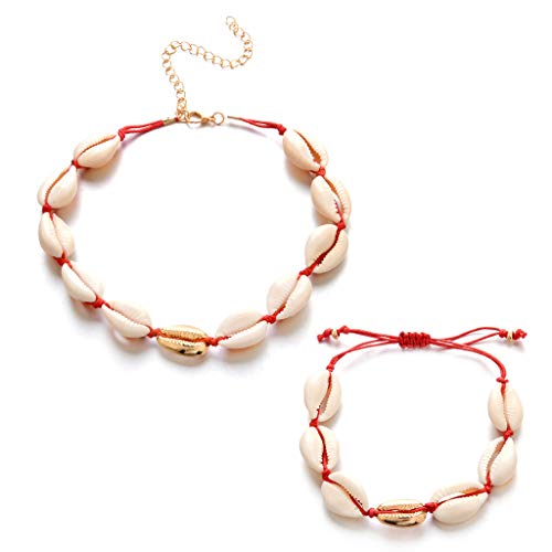 FlYHIGH 1 Juego de Collar + Pulsera de Verano Concha Playa joyería Fiesta Unisex Mujeres Hombres Encanto Pulsera Ajustable Trenzado Cuerda Natural Moda decoración Regalos