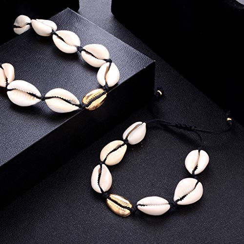 FlYHIGH 1 Juego de Collar + Pulsera de Verano Concha Playa joyería Fiesta Unisex Mujeres Hombres Encanto Pulsera Ajustable Trenzado Cuerda Natural Moda decoración Regalos