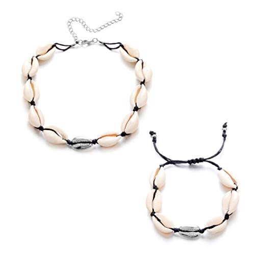 FlYHIGH 1 Juego de Collar + Pulsera de Verano Concha Playa joyería Fiesta Unisex Mujeres Hombres Encanto Pulsera Ajustable Trenzado Cuerda Natural Moda decoración Regalos