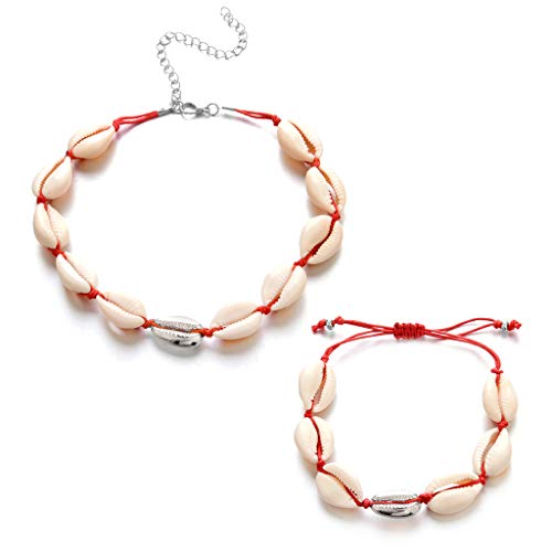 FlYHIGH 1 Juego de Collar + Pulsera de Verano Concha Playa joyería Fiesta Unisex Mujeres Hombres Encanto Pulsera Ajustable Trenzado Cuerda Natural Moda decoración Regalos