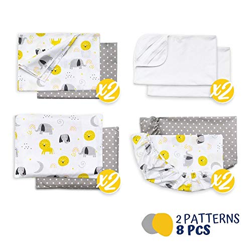 FlyIdeas Juego 8 Pza Sabanas Minicuna Colecho Next2Me 50x83cm | 2 Sabanas Bajeras 2 Protectores Colchon Impermeables 2 Sabanas Encimera y 2 Fundas de Almohada | 100% Algodon Organico Cert OEKO-TEX