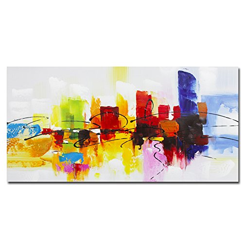 Fokenzary - Pintura abstracta sobre lienzo, pintada a mano, colorida, con marco, lista para colgar, color rojo, verde, marrón y azul, lona, 16x32in