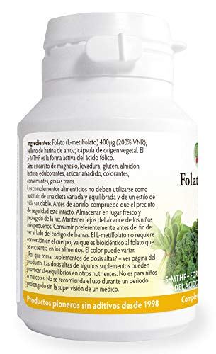 Folato L-metilfolato 400μg x90 cápsulas, 5-MTHF Forma activa de ácido fólico-vitamina B9, Apoya el crecimiento normal del tejido materno durante el embarazo, Sin estearato de magnesio, Hecho en Gales