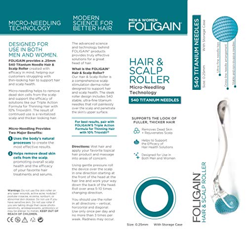 FOLIGAIN - Rodillo para cabello y cuero cabelludo - Rodillo de microagujas para la pérdida del cabello - 540 microagujas de titanio a 0.25 mm - Derma Roller sin dolor para hombres y mujeres