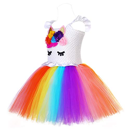 FONLAM Vestido de Bautizo Fiesta Niña Disfraz de Unicornio Princesa Tutú Vestido Infantil Flores Carnaval Niña (L 5-6 Años, Multicolor)