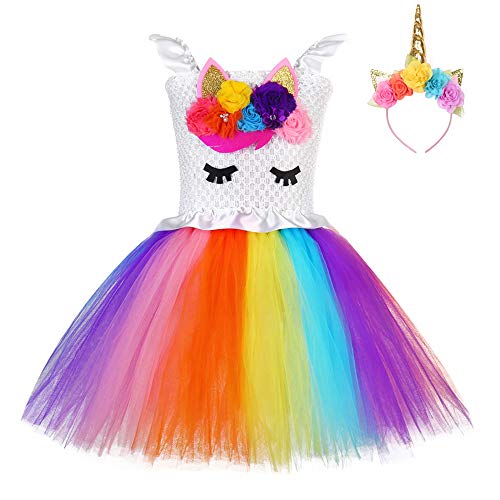FONLAM Vestido de Bautizo Fiesta Niña Disfraz de Unicornio Princesa Tutú Vestido Infantil Flores Carnaval Niña (L 5-6 Años, Multicolor)