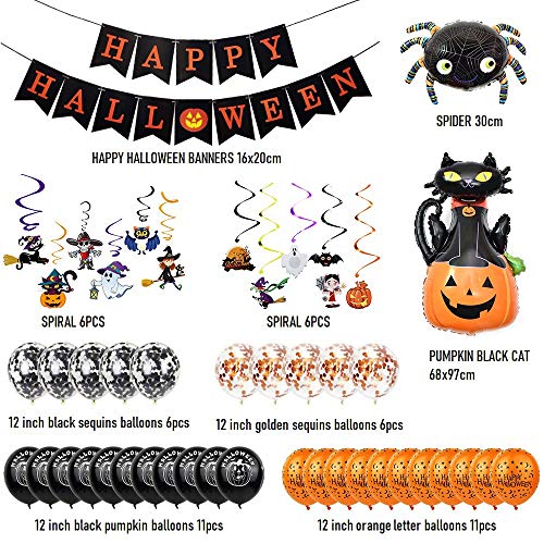 Fontee® 60 piezas halloween decoracion accesorios, Happy Halloween globos, pancarta, araña, murciélago, bruja, calabaza fantasma, para barra de Halloween, suministros de decoración para el hogar