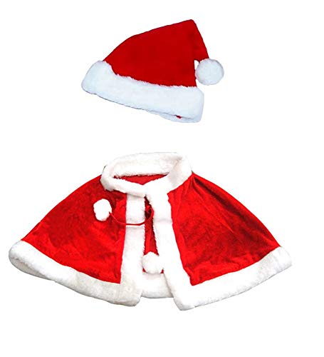 Fontee® Niñas Navidad Rojo Capa Terciopelo Saco de Disfraces para Niños y Gorro Navideño para Niños (Longitud 41 cm)