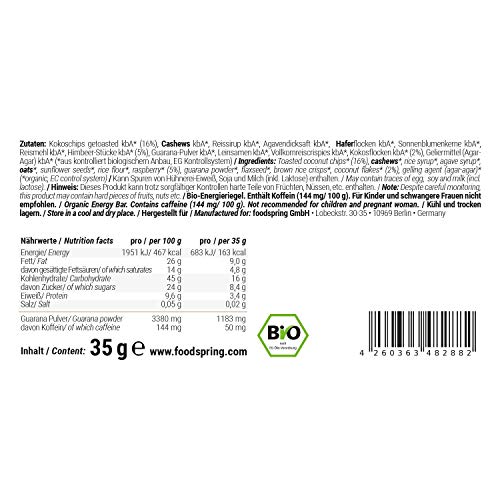foodspring Barrita Energética pack de 12, Coco-Frambuesa, 12x35g, Cafeína para mascar. EL snack estimulante. Calidad 100% ecológica