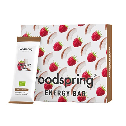 foodspring Barrita Energética pack de 12, Coco-Frambuesa, 12x35g, Cafeína para mascar. EL snack estimulante. Calidad 100% ecológica
