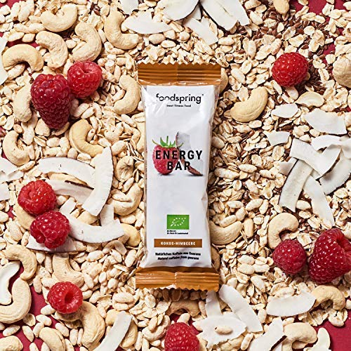 foodspring Barrita Energética pack de 12, Coco-Frambuesa, 12x35g, Cafeína para mascar. EL snack estimulante. Calidad 100% ecológica