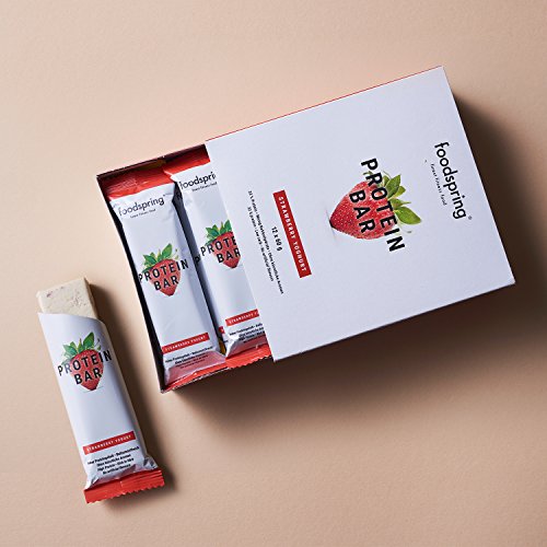 foodspring Barritas de Proteína, Sabor Fresa, Pack de 12 x 60g, Sin azúcar añadido, Baja en carbohidratos, Perfectas para después de entrenar