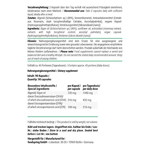 foodspring Cápsulas de Omega3, 90 cápsulas, Poder vegano para el sistema circulatorio