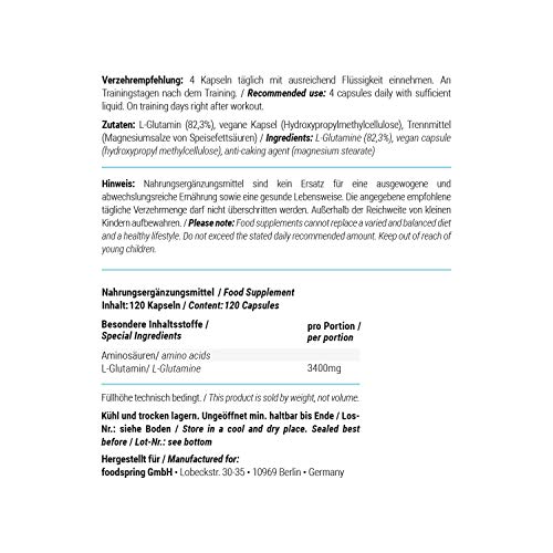 foodspring L-glutamina, 120 cápsulas, Especialista de la regeneración