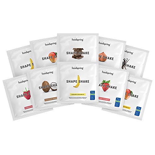 foodspring Muestras de Shape Shake, Mezcla de sabores, 10 x 30g, Batido saciante, 100% proteína de suero de leche en polvo, Enriquecido con L-carnitina (quema grasas)