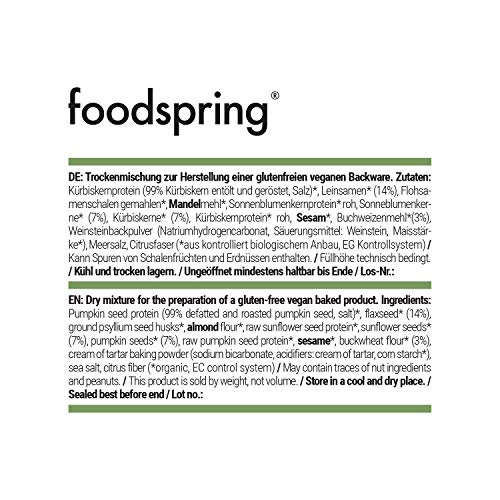 foodspring Pan Proteico Vegano, 5x230g, ingredientes 100% naturales, 90g de proteína y con la garantía de ser un pan sin gluten.