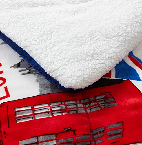 FOREN TEX Manta para Cama y sófa Franela con Sherpa Blanca (S-3089 + Bajera, Cama 90 y 105) Londres Llevan Fundas de Almohada (50x70) más una Bajera Ajustable Extra Suave Súper Cálida