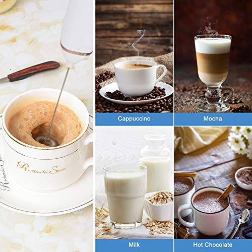 FORMIZON Batidora de Leche Eléctrico, USB Recargable Batidor de Huevos de Mano, Ajustable 3 Velocidades Batidor de Leche de Acero Inoxidable 304 para Café/Latte/Cappuccino(Blanco)