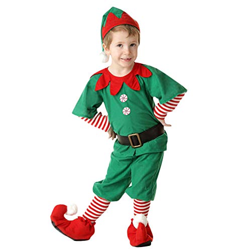 Fossen Disfraz Elfo Navidad Niñas Niños 2-16 Años Tops + Pantalones + Gorra + Calcetines Duende Costume Vestirse (2 años, Niño)