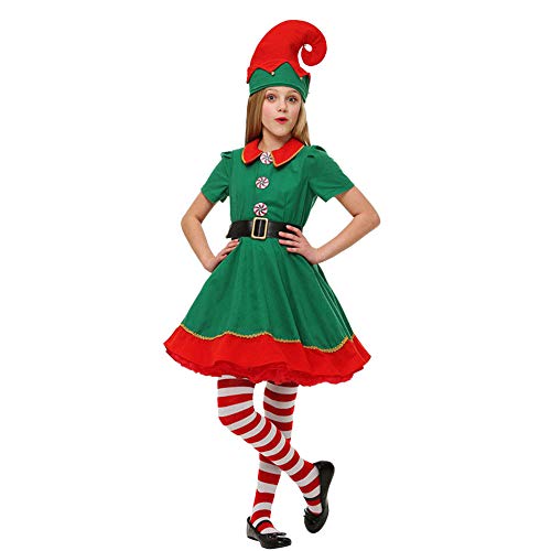 Fossen Disfraz Elfo Navidad Niñas Niños 2-16 Años Tops + Pantalones + Gorra + Calcetines Duende Costume Vestirse (8 años, Niña)