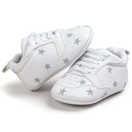 Fossen Recién nacido Bebe Zapatos Cuero artificial Zapatillas con Bordado Pentagram Suela Blanda Antideslizante Primeros pasos Para Bebé Niñas Niño (0-6 meses, Plateado)