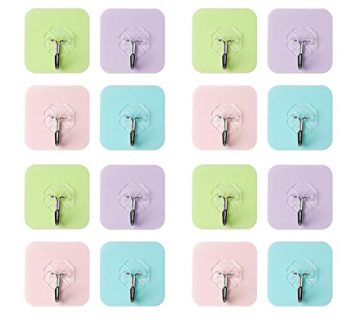 FOURCHEN Ganchos de Pared Resistentes Reutilizables, 16Packs Soporte de 4 Colores mínimo 22 Libras, Gancho Adhesivo Impermeable para baño, Cocina, Toalla, Gancho de Techo