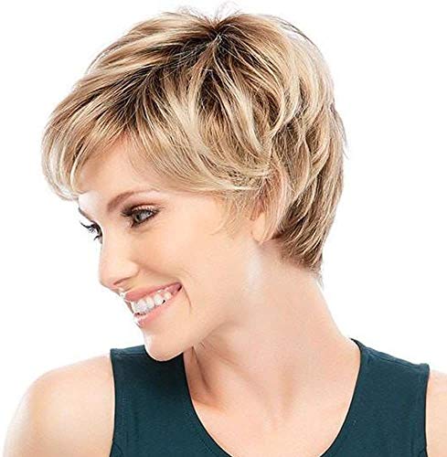 Fovermo Pelucas rubias cortas Pelucas de corte Pixie con peluca de cabello natural Bangs para mujeres blancas