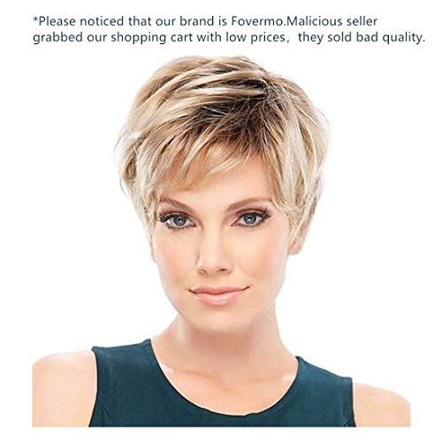 Fovermo Pelucas rubias cortas Pelucas de corte Pixie con peluca de cabello natural Bangs para mujeres blancas