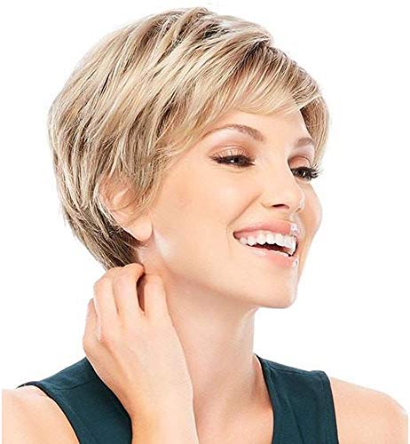 Fovermo Pelucas rubias cortas Pelucas de corte Pixie con peluca de cabello natural Bangs para mujeres blancas