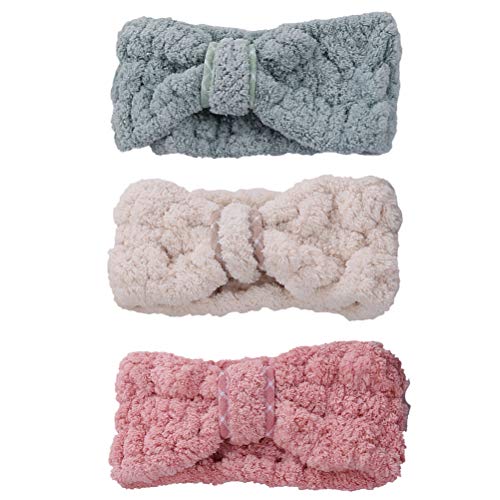Frcolor 3 piezas Coral Fleece Maquillaje Diadema Soft Spa Hairband Bowknot Elastic Cosmetic Hair Band para mujeres Ducha Wash Face
