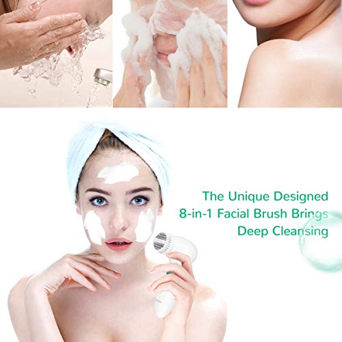 Frcolor - Cepillo de limpieza facial impermeable con 8 cabezales de cepillo para limpieza profunda, exfoliación suave y masaje.