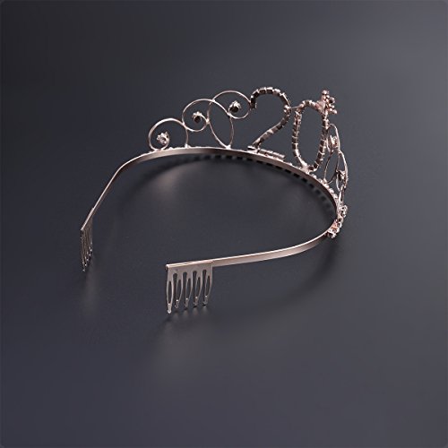 Frcolor Corona Cumpleaños 20 Años Diadema Cumpleaños Mujer Tiara Cristal con Peines (Oro Rosa)