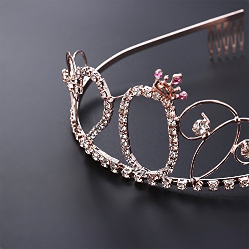 Frcolor Corona Cumpleaños 20 Años Diadema Cumpleaños Mujer Tiara Cristal con Peines (Oro Rosa)