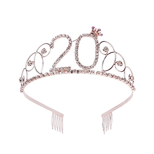 Frcolor Corona Cumpleaños 20 Años Diadema Cumpleaños Mujer Tiara Cristal con Peines (Oro Rosa)
