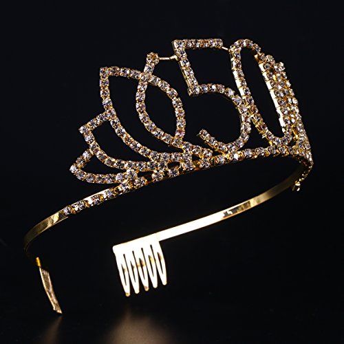 Frcolor Corona Cumpleaños 50 Años Diadema Cumpleaños Mujer Tiara Cristal con Peines (Oro)