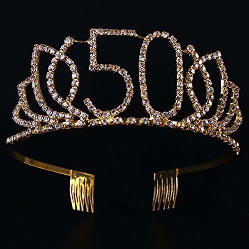 Frcolor Corona Cumpleaños 50 Años Diadema Cumpleaños Mujer Tiara Cristal con Peines (Oro)