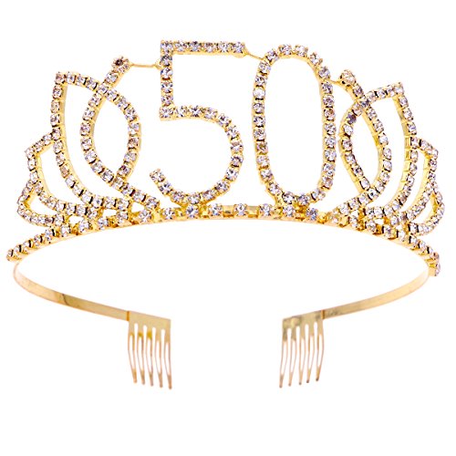 Frcolor Corona Cumpleaños 50 Años Diadema Cumpleaños Mujer Tiara Cristal con Peines (Oro)