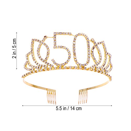 Frcolor Corona Cumpleaños 50 Años Diadema Cumpleaños Mujer Tiara Cristal con Peines (Oro)