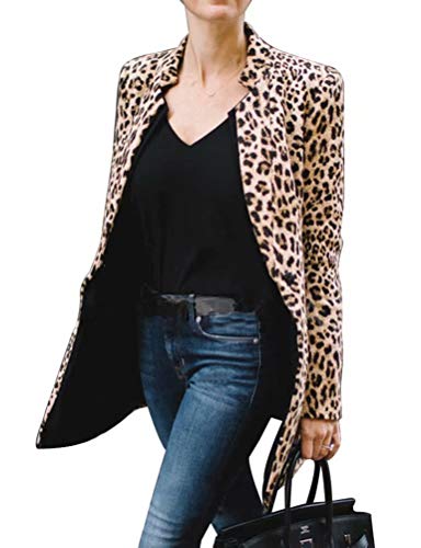 Frecicialo Chaqueta Blazers Larga con Estampado de Leopardo Blazer de Manga Larga Slim Fit Entallado de Media Temporada